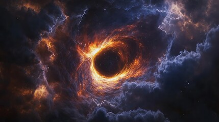 Wall Mural - A supermassive black hole surrounded by swirling clouds of gas and dust, creating a colorful and dynamic cosmic environment