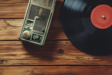 Aufkleber - Vintage radio and vinyl record on wooden table creating nostalgic music atmosphere. Generative AI