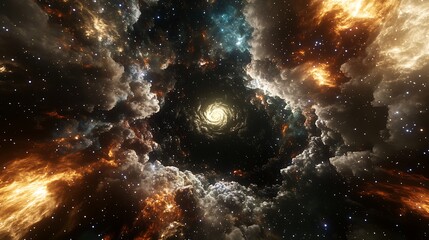 Wall Mural - A dramatic black hole in 3D, with colorful interstellar clouds and countless stars creating a captivating space environment