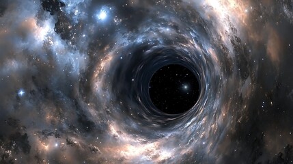 a 3d cosmic scene featuring a black hole surrounded by clouds and stars, illustrating the vastness o