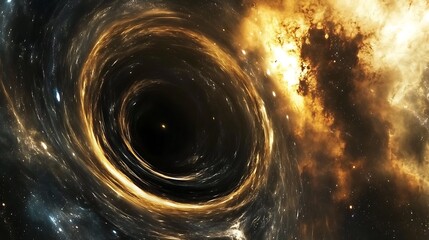 Wall Mural - A black hole rendered in 3D, with swirling clouds and stars forming a visually stunning cosmic environment