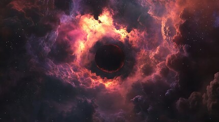A 3D illustration of a black hole, surrounded by colorful clouds and sparkling stars in the depths of space