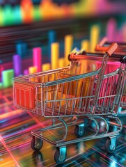 Poster - planning maximize sales concept. animatedstyle shopping carts merging with upward graphs, ecommerce 