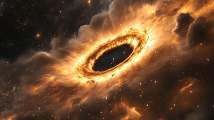 A cosmic 3D illustration of a black hole, with luminous clouds and stars forming a visually dynamic space scene