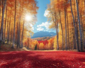 Sunlit autumn forest with red leaves and mountains.