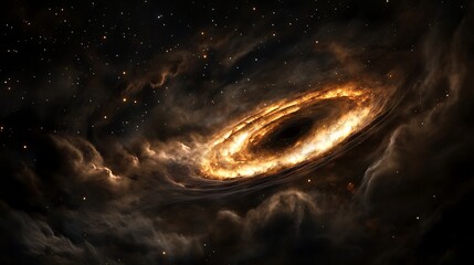 a black hole in 3d, surrounded by swirling clouds and stars, illustrating the beauty and mystery of 