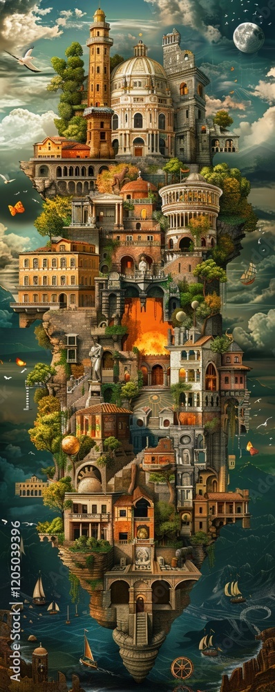 Design an intricate side view graphic showcasing ancient inventions