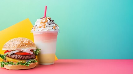 Poster - A sandwich and a plastic milkshake float isolated on a colorful background