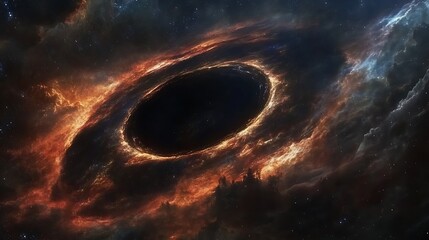 Wall Mural - A visually stunning 3D depiction of a black hole, with colorful clouds and stars creating a breathtaking cosmic environment