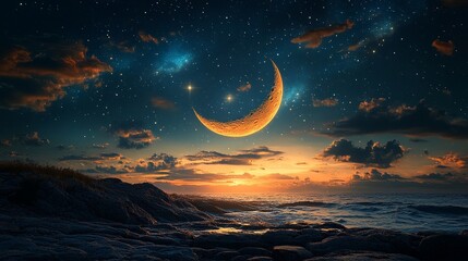 serene ocean sunset with crescent moon and starry night sky.