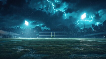 American football on the field during a stormy night with lightning in the background. A dramatic setting for the intense sport.