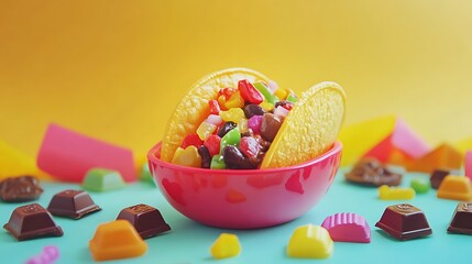 Wall Mural - A toy taco bowl and plastic chocolates isolated on a colorful background