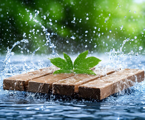 Poster - A serene wooden platform floats on water, adorned with vibrant green leaves, as splashes of water create a tranquil, refreshing atmosphere