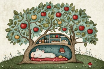 Poster - Cozy sleeping space under a tree filled with red apples and delicious treats surrounded by greenery and flowers. Generative AI