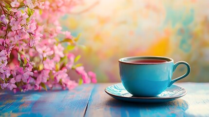 Wall Mural - Blue tea cup near teahouse isolated on a colorful background