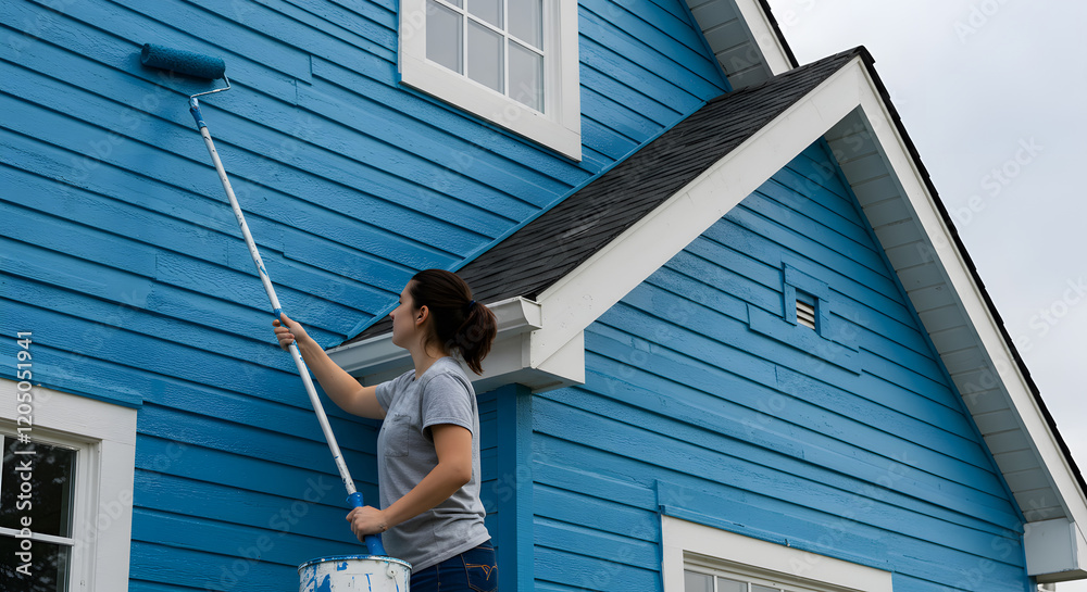 Young woman painting house exterior with extension roller on blue ...