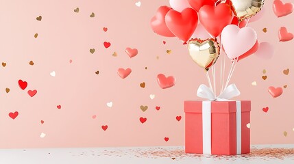 Wall Mural - A festive gift box overflowing with heart-shaped balloons and confetti creating a joyful atmosphere