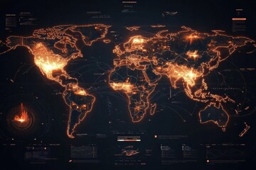 Aufkleber - World map displaying fire patterns and data visualization in a dark setting with glowing effects. Generative AI