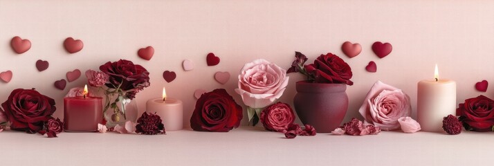 Aufkleber - Romantic floral arrangement with red and pink roses and heart decorations for a special occasion in a cozy setting. Generative AI