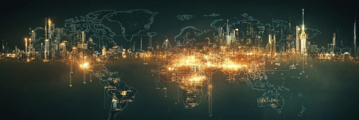Poster - World map illustration with illuminated cityscape highlighting urban areas and global connections. Generative AI
