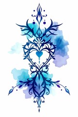 Poster - Intricate blue watercolor with elegant floral patterns and a heart in tattoo style in the center.