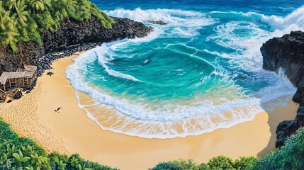 Wall Mural - Breathtaking Tropical Beach with Lush Vegetation and Turquoise Ocean Waves