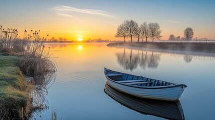 Naklejka na meble Serene Sunrise Rowboat Lakeside Calm Peaceful Morning