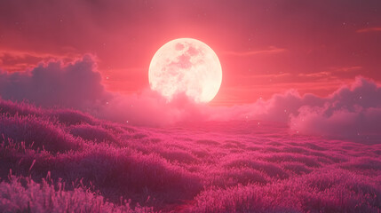 Wall Mural - a magical, surreal landscape, bathed in a pink hue with a full moon rising above the grass. the clou