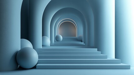 Abstract Blue Architecture With Spherical Elements And Stairs