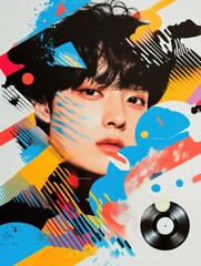 Aufkleber - Young man with artistic background featuring vibrant colors and a vinyl record in a modern urban setting. Generative AI