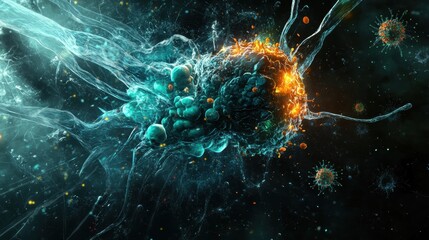 Fototapete - Microscopic view of cells interacting in a vibrant and dynamic environment showcasing biological processes. Generative AI