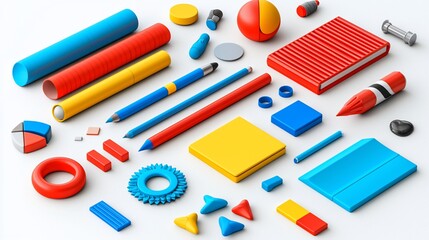 Poster - Colorful geometric objects and stationery items arranged on white background.