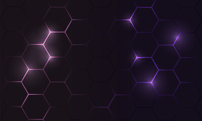 Poster - Hexagon technology futuristic dark vector abstract background with purple and pink colored bright flashes under hexagon. Hexagonal gaming honeycomb tech abstract background.
