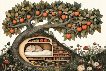 Poster - Cozy woodland scene with a sleeping mouse in a tree hollow surrounded by apples and colorful flora. Generative AI