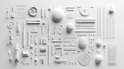 Poster - White geometric shapes and forms arranged on a white background.