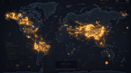 Aufkleber - Global travel map highlighting popular destinations and transportation routes at night in vibrant orange tones. Generative AI