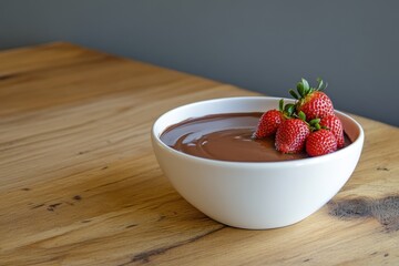 Fresh strawberries resting on top of a creamy chocolate dip in a white bowl placed on a rustic wooden table against a neutral background