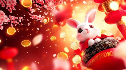 Wall Mural - A festive rabbit surrounded by red lanterns and cherry blossoms, celebrating prosperity and joy in a vibrant atmosphere.