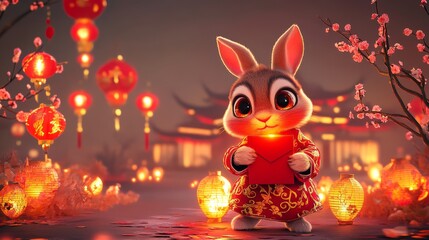 Wall Mural - A cute animated rabbit stands amidst glowing lanterns and cherry blossoms, embodying a festive atmosphere.