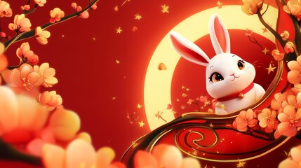 Wall Mural - A cute rabbit sits among blooming flowers against a vibrant red background, illuminated by a glowing moon, evoking a festive and cheerful atmosphere.