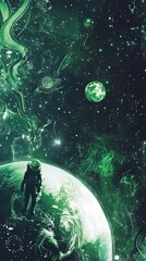 Wall Mural - astronaut gazing upon a green cosmic landscape