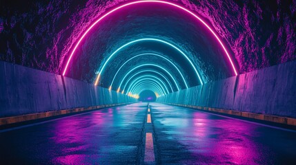 Poster - Neon-lit tunnel road with pink and blue arches.