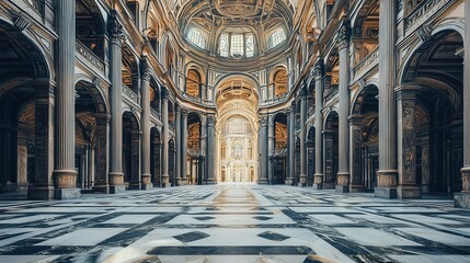 Poster - Grand church interior, marble floor, high columns, dome ceiling, sunlight.