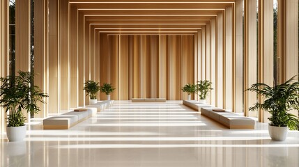 Aufkleber - Modern minimalist wooden hallway with sunlight.