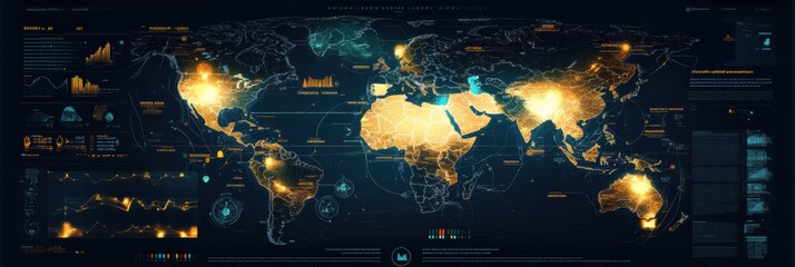 Aufkleber - Global data visualization map showcasing real time statistics and analytics across continents and regions. Generative AI