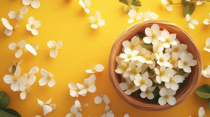 Wall Mural - White flowers in wooden bowl