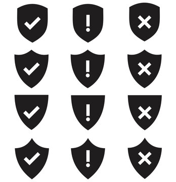 Print  Shield icon set in vintage style. Protect shield security line icons. Badge quality symbol, sign, logo or emblem. 1176