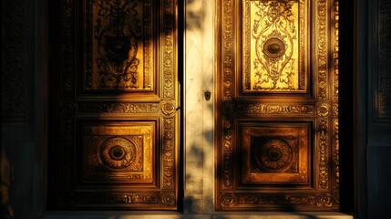 Leinwandbilder - Golden ornate doors illuminated by sunlight casting shadows in a historic buildings entrance. Generative AI