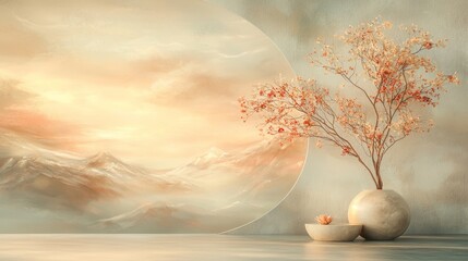 Wall Mural - A serene landscape featuring a minimalistic vase with delicate flowers, set against a soft, pastel background of mountains and ethereal clouds.