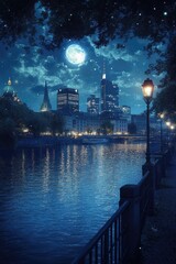 Wall Mural - City at Night with Full Moon